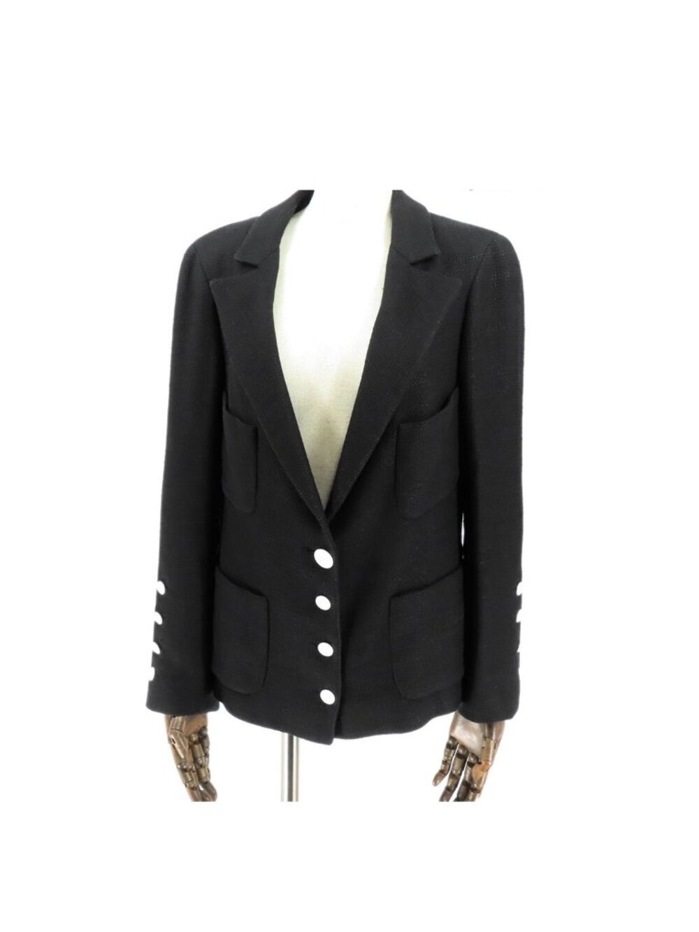 Chanel Tweed Jacket Black Silk with Shoulder Pads Coco Buttons 07P Top 36